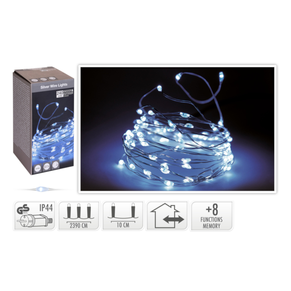 BIAŁE ZIMNE LAMPKI 240LED NA DRUCIKU