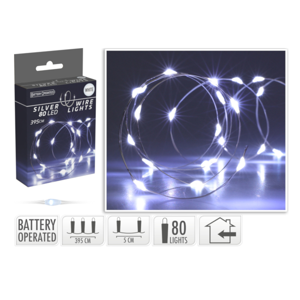 BIAŁE ZIMNE LAMPKI 80LED NA DRUCIKU