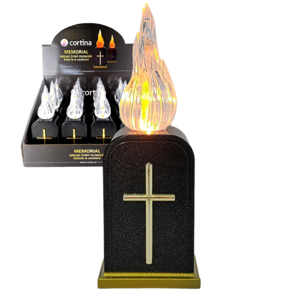 WKŁAD LED MEMORIAL CORTINA 16CM ZŁOTY KRZYŻ ŻYWY PŁOMIEŃ Z BATERIAMI